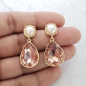 New Crystal Peach Dangle Earrings, Gold Plated Teardrop Stud Earrings w Pearls